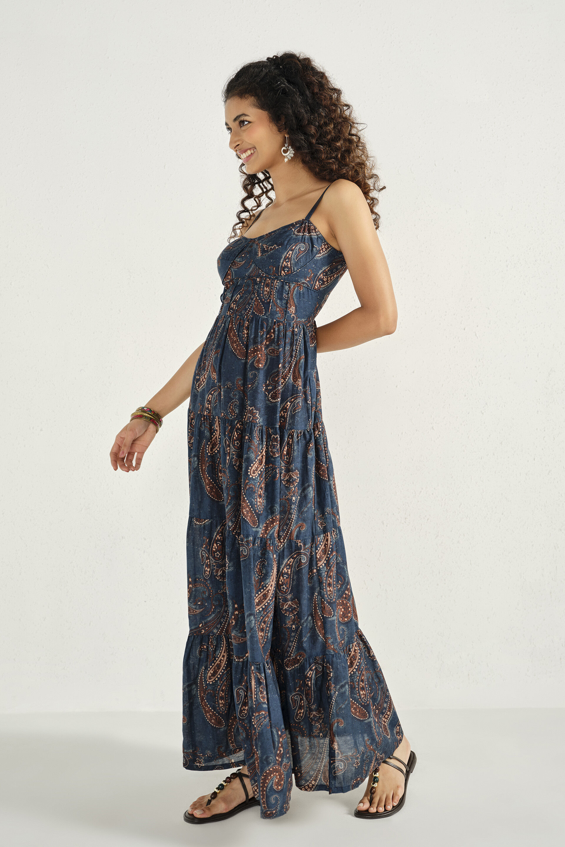 Printed Tiered Maxi Dress in Indigo, Indigo, image 2